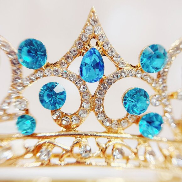 Gold crystal tiara, blue crystal crown, birthday princess tiara, vintage crown main image 2